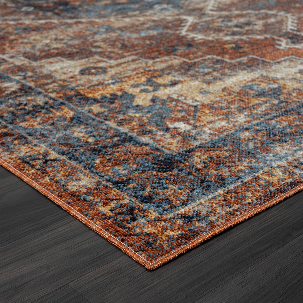 Lachi Contemporary Distress Medallion Area Rug, Blue/Orange: 5' x 7'