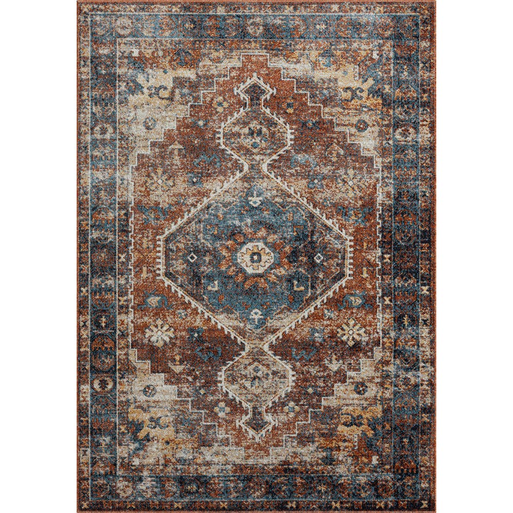 Lachi Contemporary Distress Medallion Area Rug, Blue/Orange: 5' x 7'