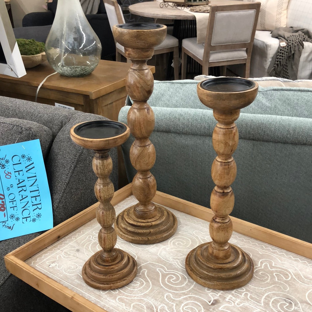 brown wooden spindle candle holder set/3