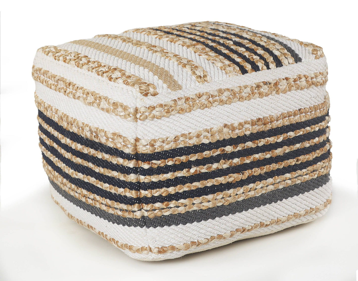 Classic Tri-Colored Natural Jute Pouf: Natural/Black/White