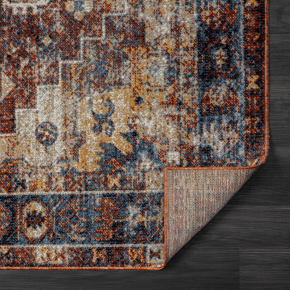 Lachi Contemporary Distress Medallion Area Rug, Blue/Orange: 5' x 7'