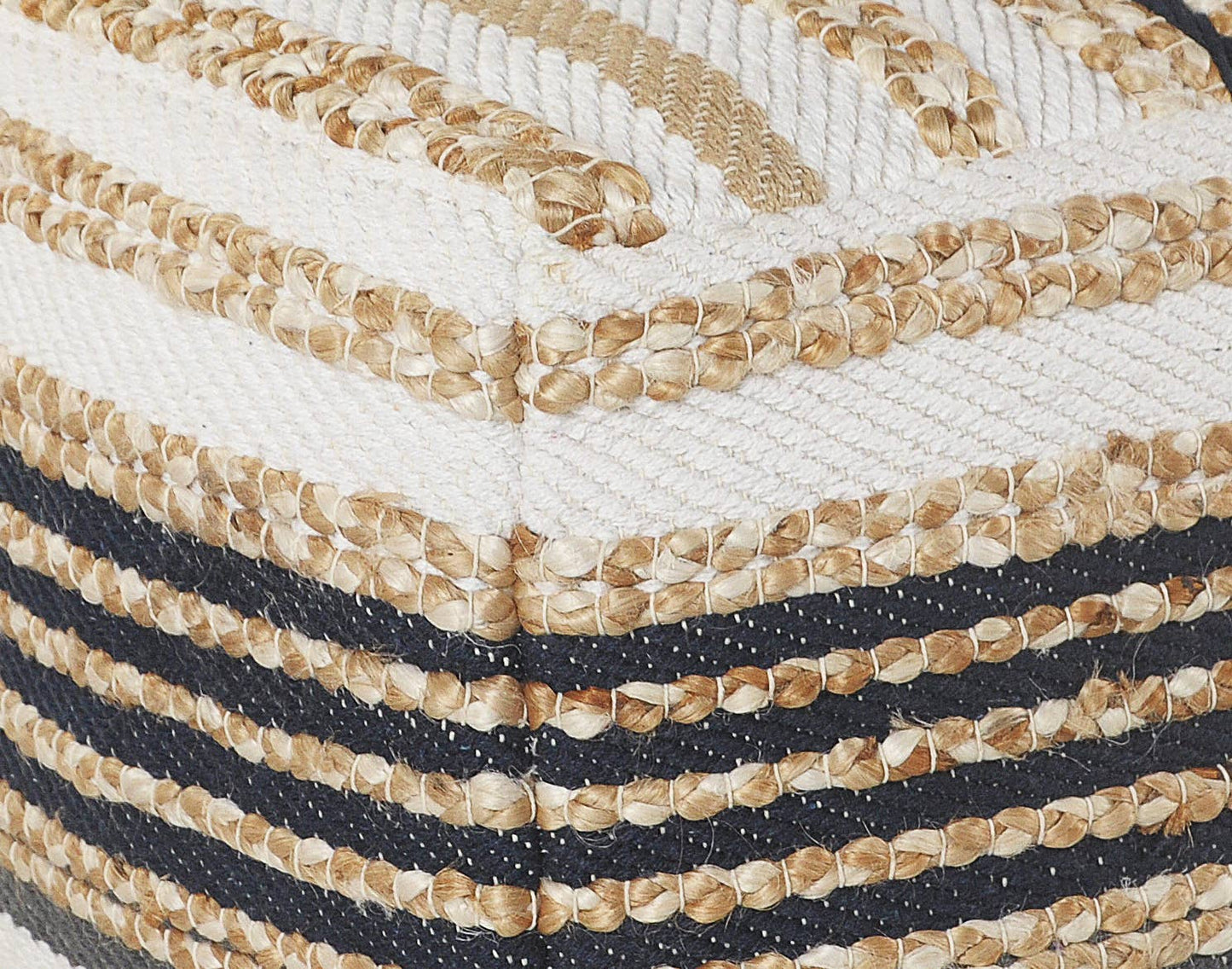 Classic Tri-Colored Natural Jute Pouf: Natural/Black/White