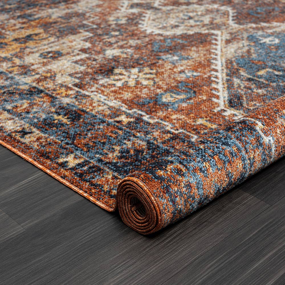 Lachi Contemporary Distress Medallion Area Rug, Blue/Orange: 5' x 7'