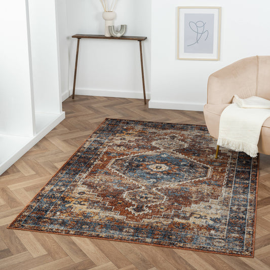 Lachi Contemporary Distress Medallion Area Rug, Blue/Orange: 5' x 7'
