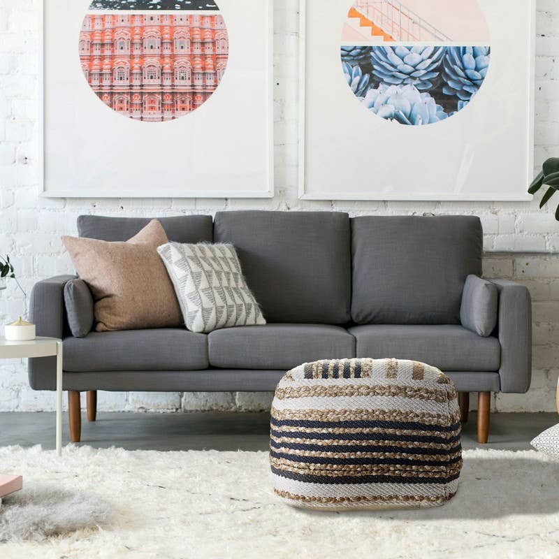 Classic Tri-Colored Natural Jute Pouf: Natural/Black/White