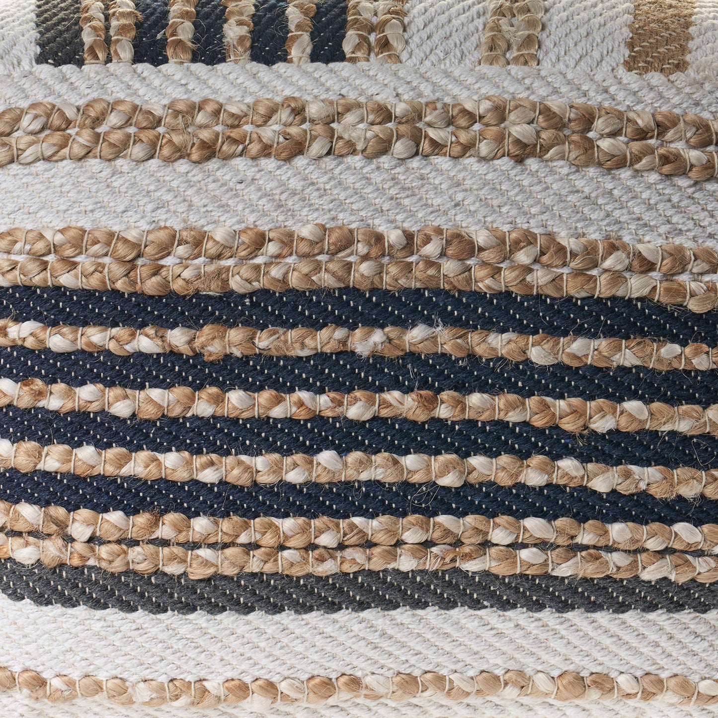 Classic Tri-Colored Natural Jute Pouf: Natural/Black/White