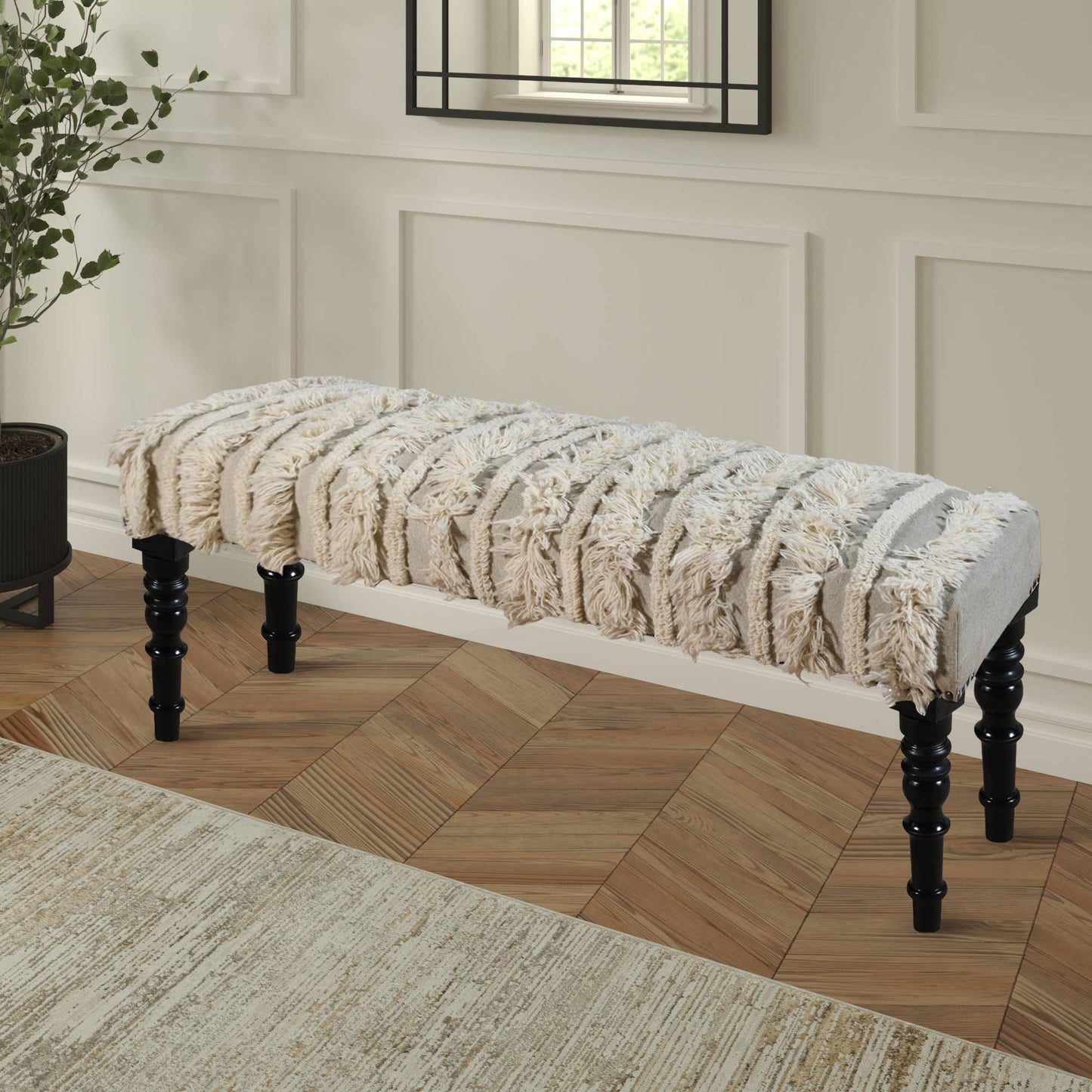 Modern Stripped Cream Tufted Indoor Bench: Cream