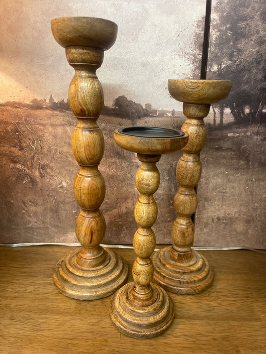 brown wooden spindle candle holder set/3