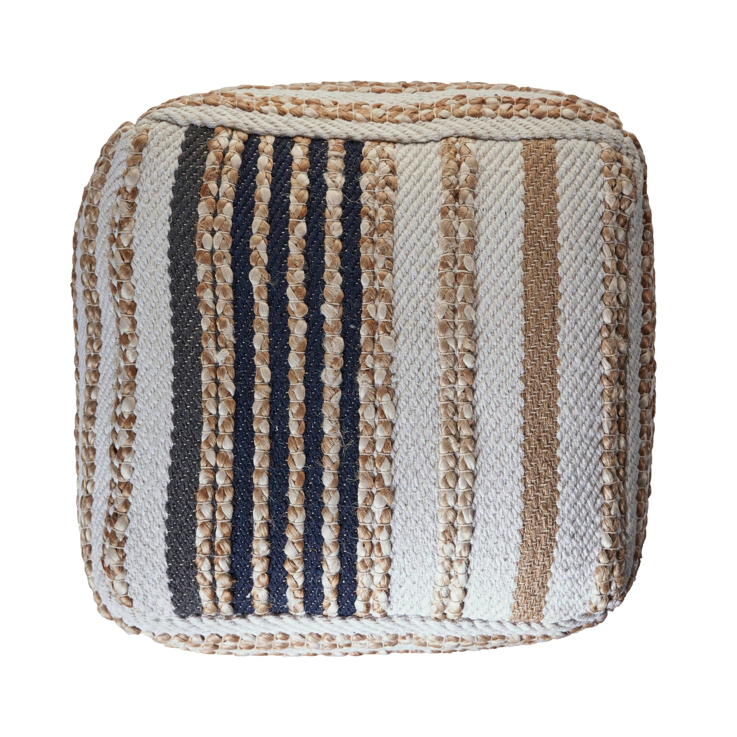 Classic Tri-Colored Natural Jute Pouf: Natural/Black/White