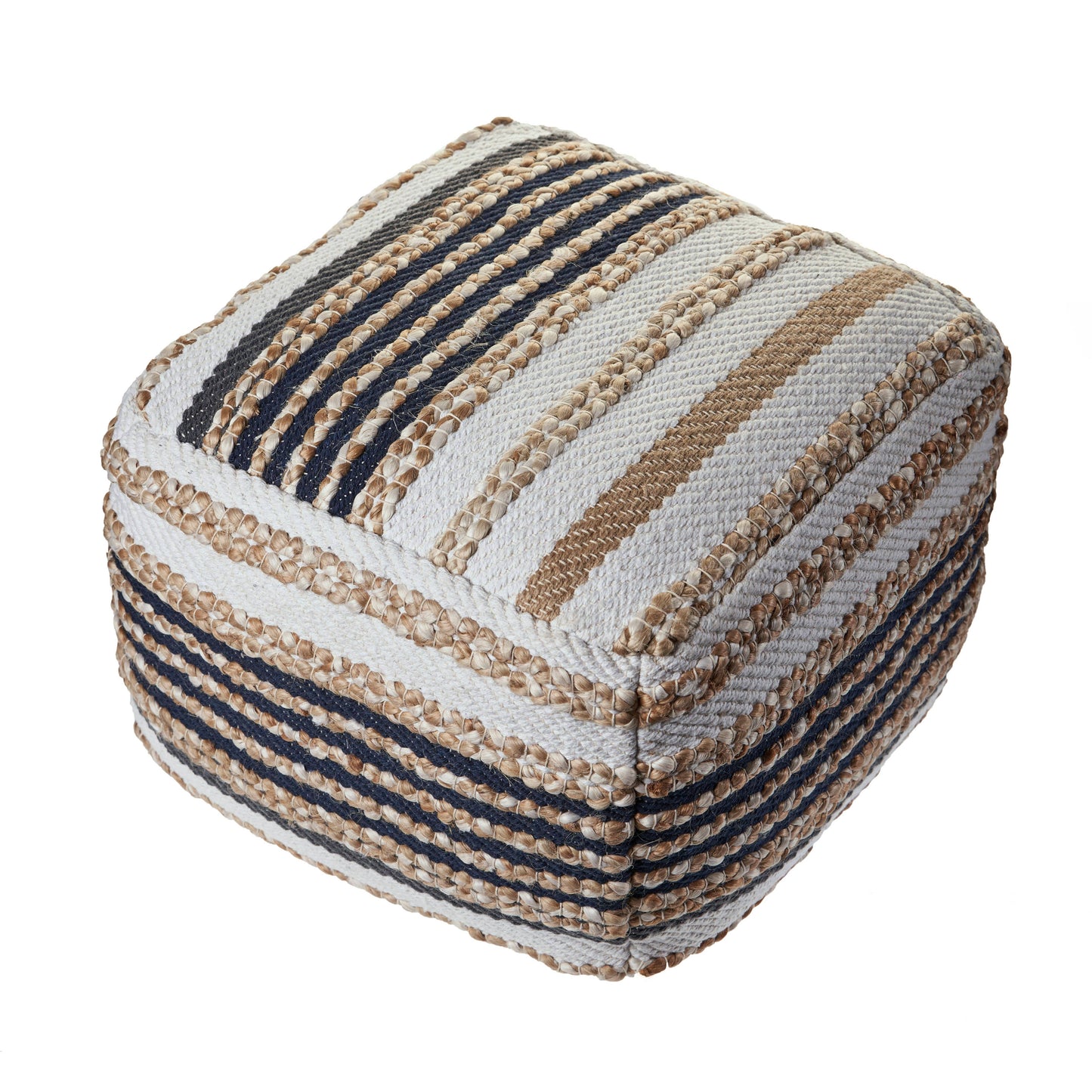 Classic Tri-Colored Natural Jute Pouf: Natural/Black/White