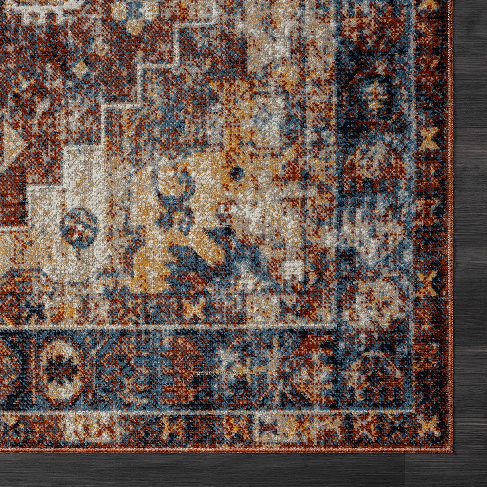Lachi Contemporary Distress Medallion Area Rug, Blue/Orange: 5' x 7'
