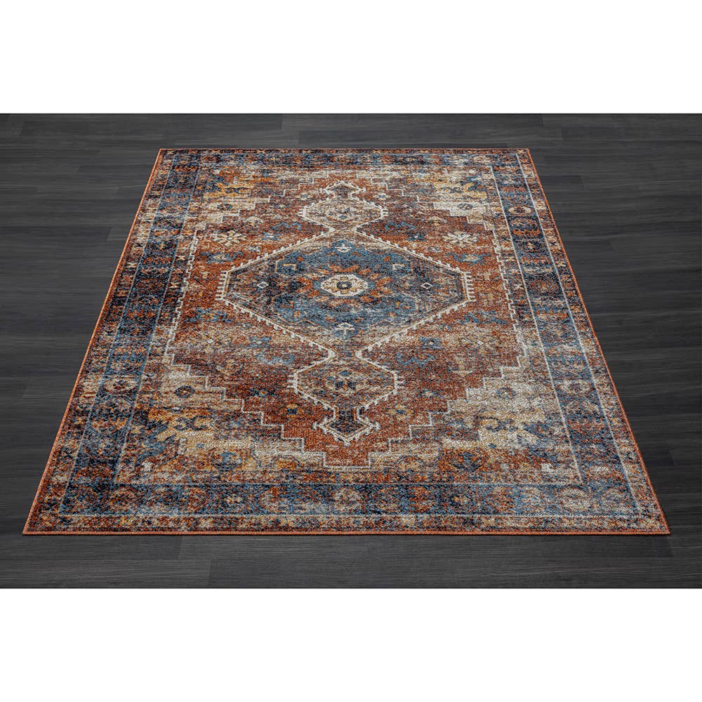 Lachi Contemporary Distress Medallion Area Rug, Blue/Orange: 5' x 7'