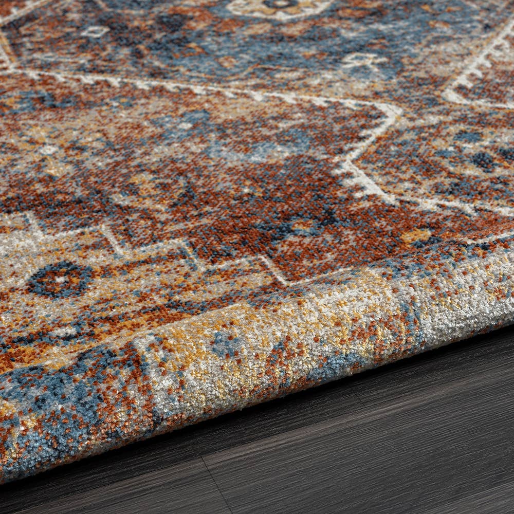 Lachi Contemporary Distress Medallion Area Rug, Blue/Orange: 5' x 7'