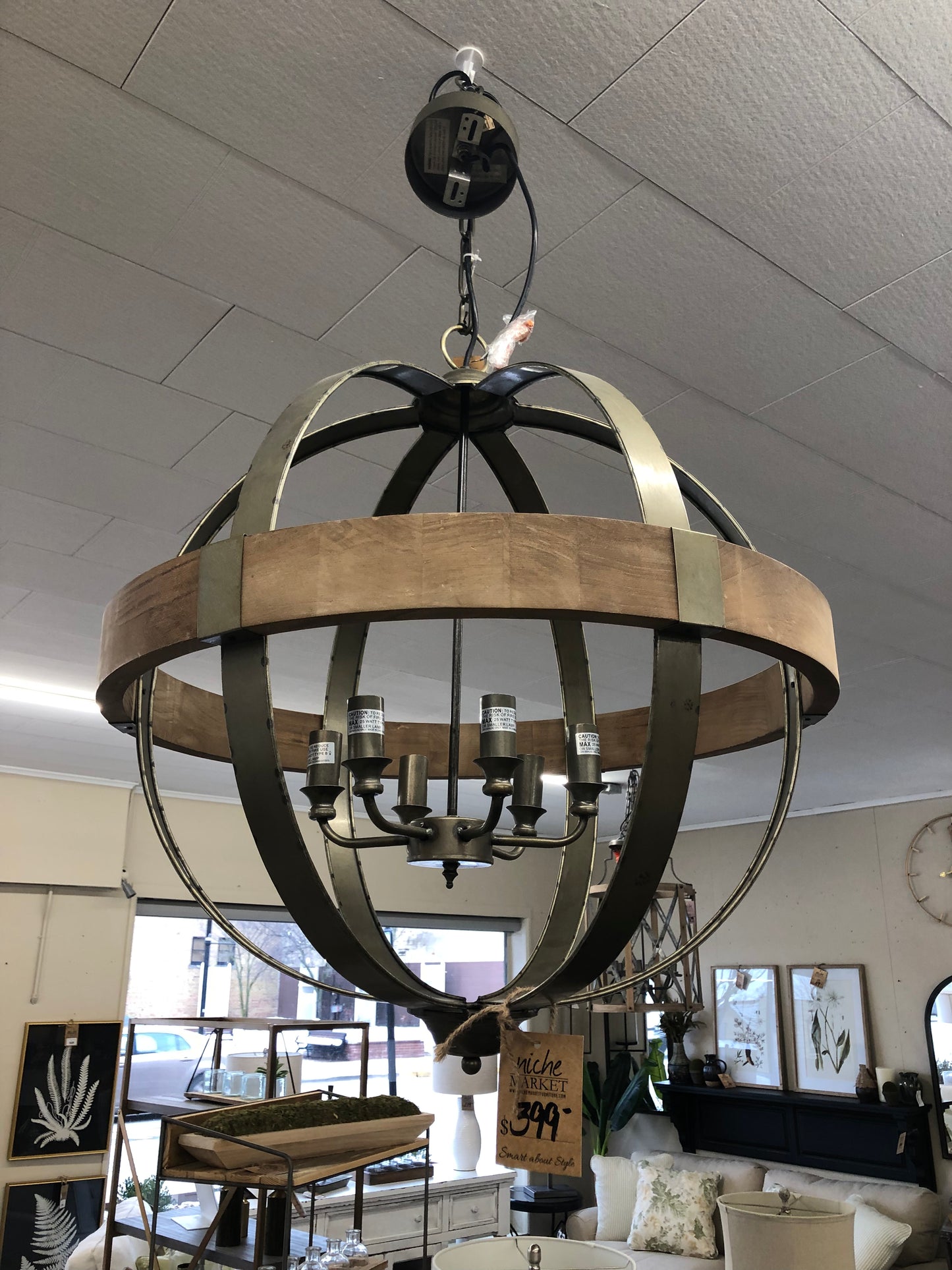 Round Metal and Wood 6 Pendent w/ 6 Lights
